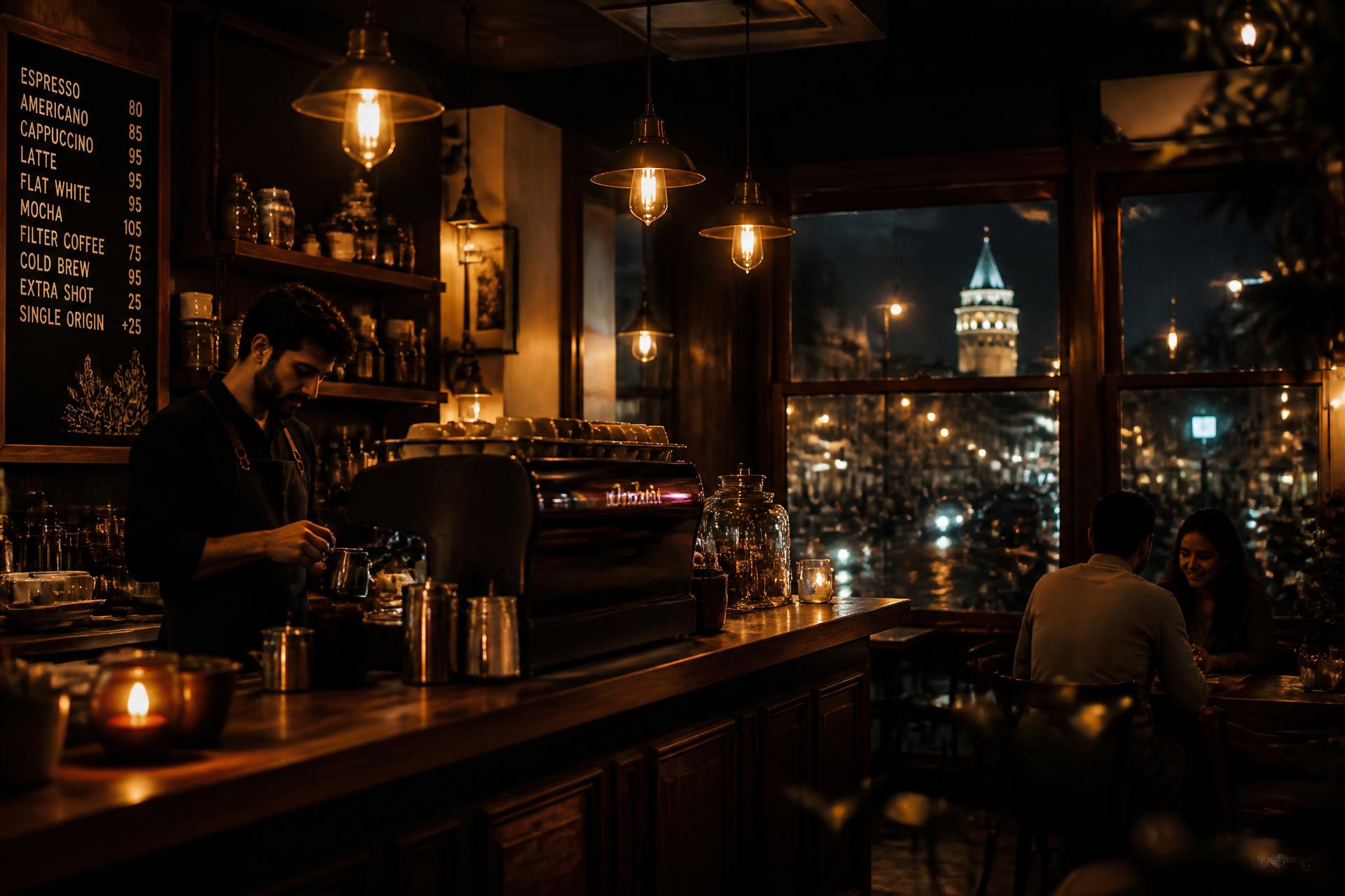 Olina Coffee'nin sıcak ışıklı iç mekanı ve barista